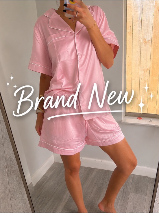 None Other - Short-Sleeve Pink Satin Pajama Set with Elastic Waist Satin S